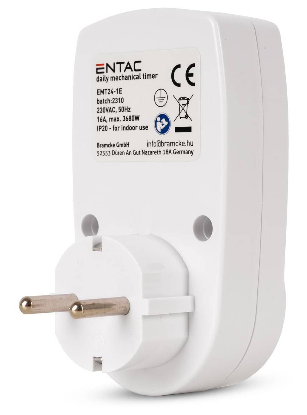 Weißer ENTAC Digital-Mechanik-Timer Steckeradapter mit EU-Zweipolstecker und frontseitiger Steckdose, mit Kennzeichnung 16A max und 3680W.