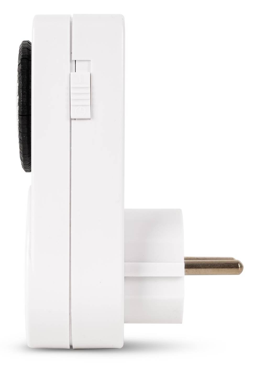 Seitenansicht eines weißen Stecker-Geräts mit einem schwarzen Drehknopf und einer einzelnen Metallprong, wahrscheinlich ein Steckerzeitschalter oder Steuermodul.