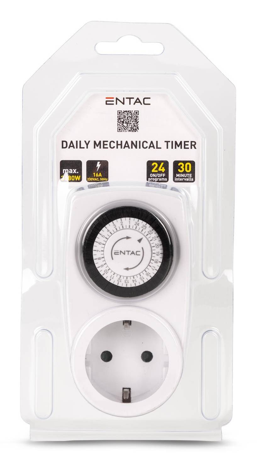 ENTAC täglicher mechanischer Timer in weißer Verpackung, der einen Steckdosen-Timer mit 24 Ein-/Aus-Zyklen und 30-Minuten-Intervallen zeigt.