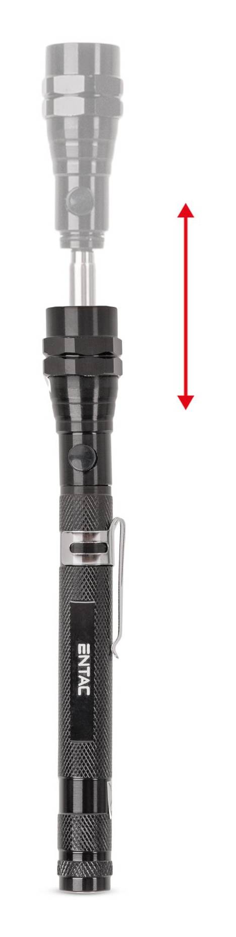 Verstellbare taktische Taschenlampe in eingefalteter und ausgefahrener Länge dargestellt, mit einem roten doppelköpfigen Pfeil, der die verstellbare Höhe anzeigt.