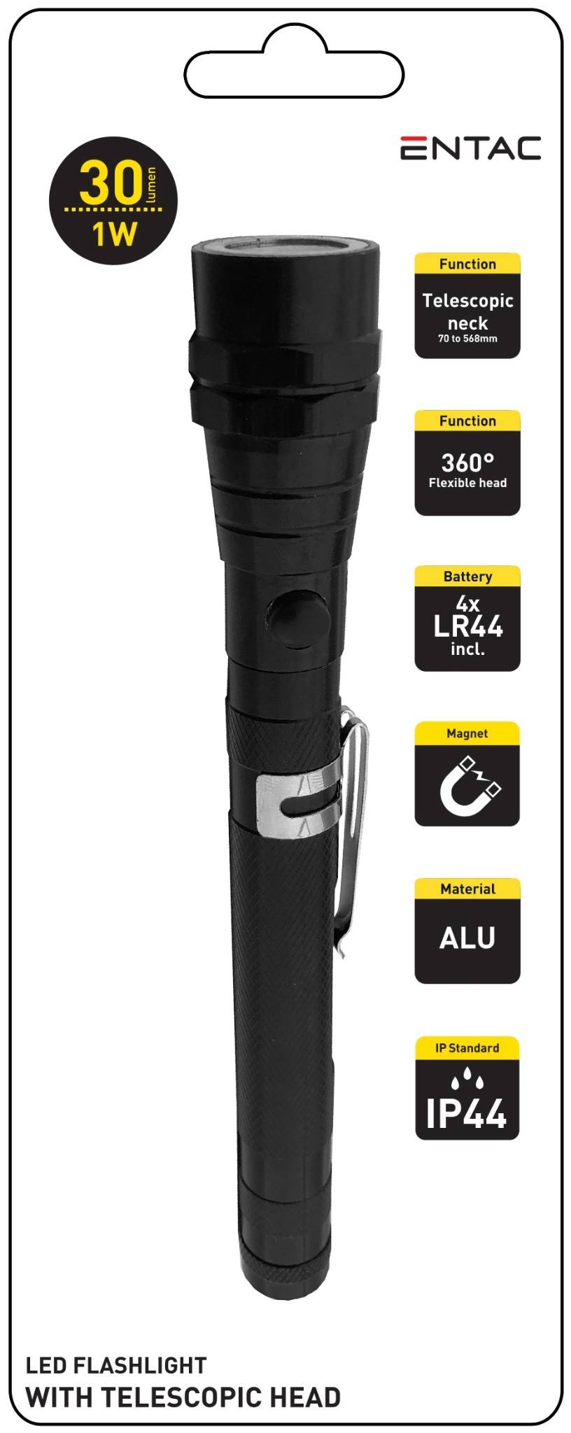 Produktpaket für eine ENTAC LED-Taschenlampe mit teleskopischem Hals und 360° flexiblem Kopf; Highlights 30 Lumen, 1W, 4x LR44-Batterien, Magnet, Aluminium, IP44.