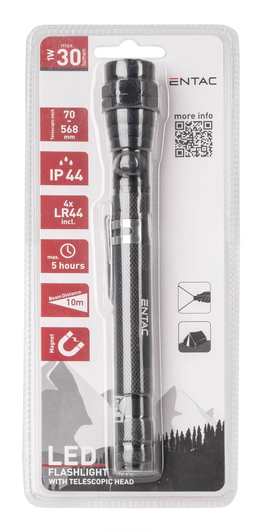Verpackung für eine Entac LED-Taschenlampe mit Teleskopkopf, zeigt eine 30W schwarze Taschenlampe und wichtige Spezifikationen: 700 Lumen, IP44, 5 Stunden, 10 m Reichweite.