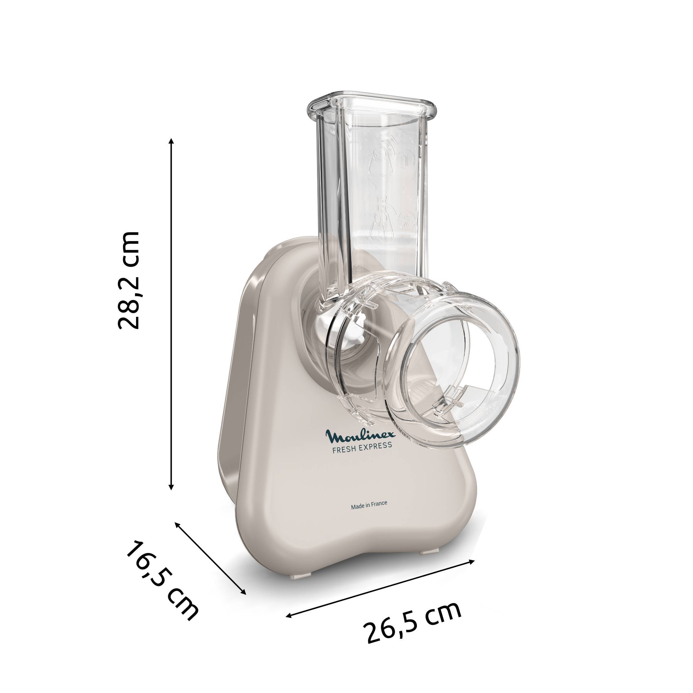Kompakter Moulinex Fresh Express Lebensmittelschneider/Küchenmaschine in Beige mit beschrifteten Abmessungen von 28,2 cm Höhe, 26,5 cm Breite und 16,5 cm Tiefe.