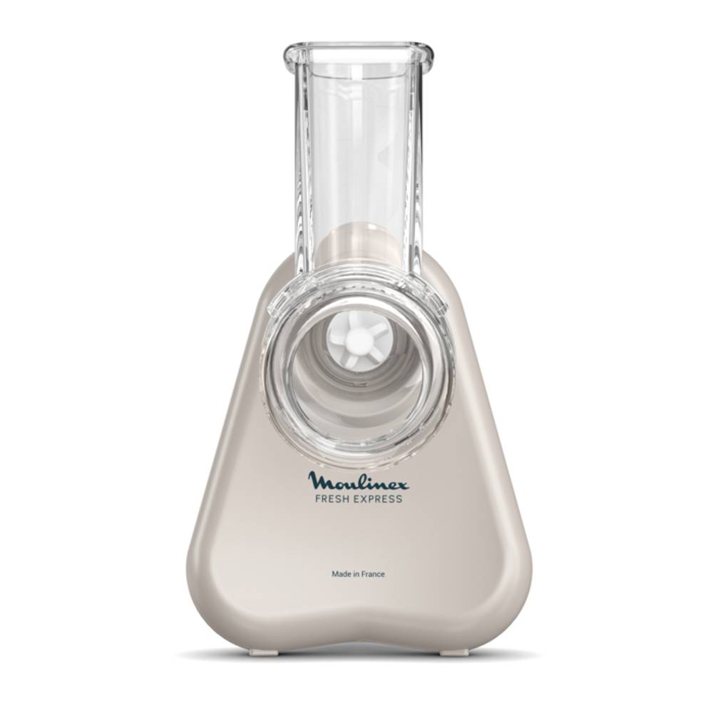Vorderansicht eines beigen Moulinex Fresh Express Küchenhobels/Reibers mit transparentem Einfüllschacht und rundem Schneidekopf auf weißem Hintergrund.
