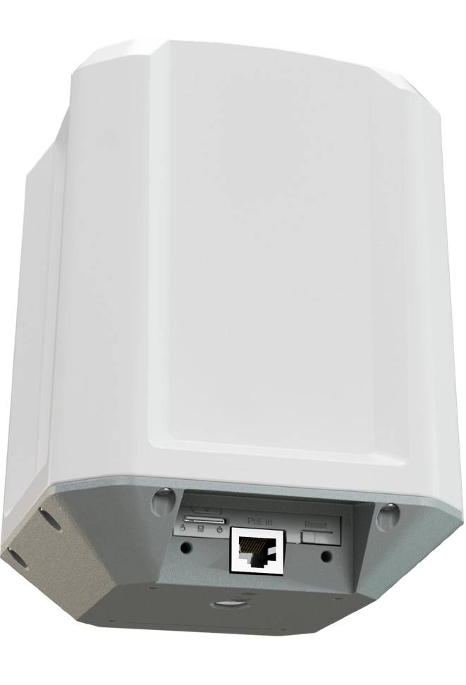 Weiß montierter Netzwerk-Router oder Access Point an der Wand, von unten fotografiert, mit Ethernet-Anschluss und Statusleuchten auf der Unterseite.