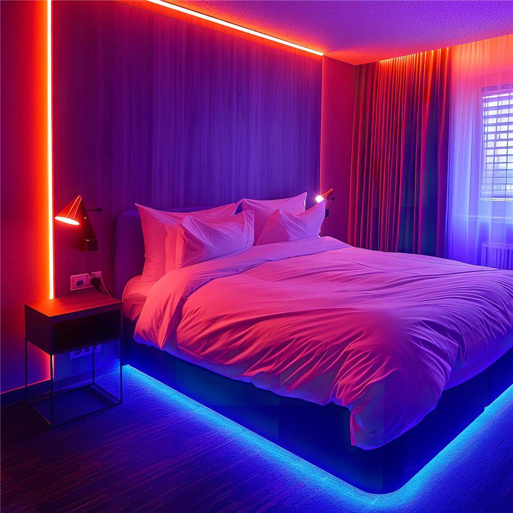 Modernes Schlafzimmer mit einem ordentlich gemachten Bett, das von roten und blauen LED-Akzentleuchten beleuchtet wird und eine neon-, futuristische Atmosphäre schafft.
