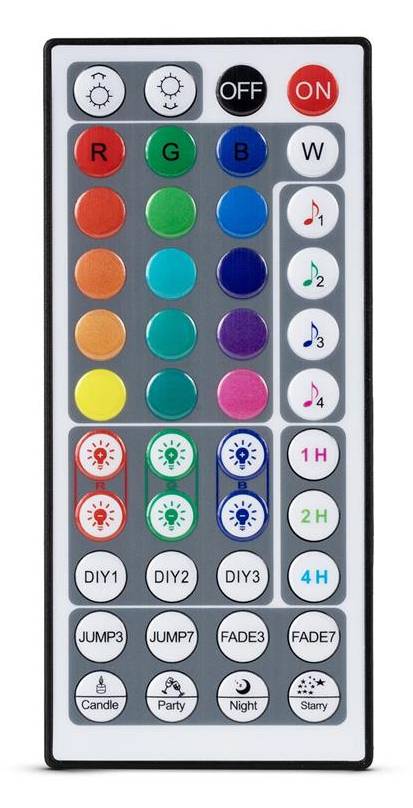 Eine tragbare RGB-LED-Leuchte mit Fernbedienung mit Ein-/Aus-Tasten, Farbwahlschaltern, Helligkeitsmodi, Timer-Optionen und Szenenvoreinstellungen.