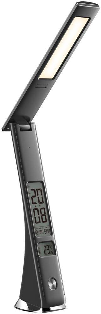 Moderne Schreibtischleuchte mit Klappfunktion, LED-Lichtleiste und integriertem digitalen Display zur Anzeige von Temperatur und Zeit, in schwarzer Ausführung.