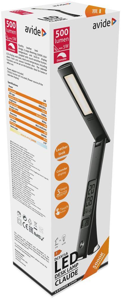Verpackung für eine Avide LED-Schreibtischlampe, die eine schwarze verstellbare Lampe mit digitaler Anzeige und dem Text „500 Lumen" auf der Schachtel zeigt.