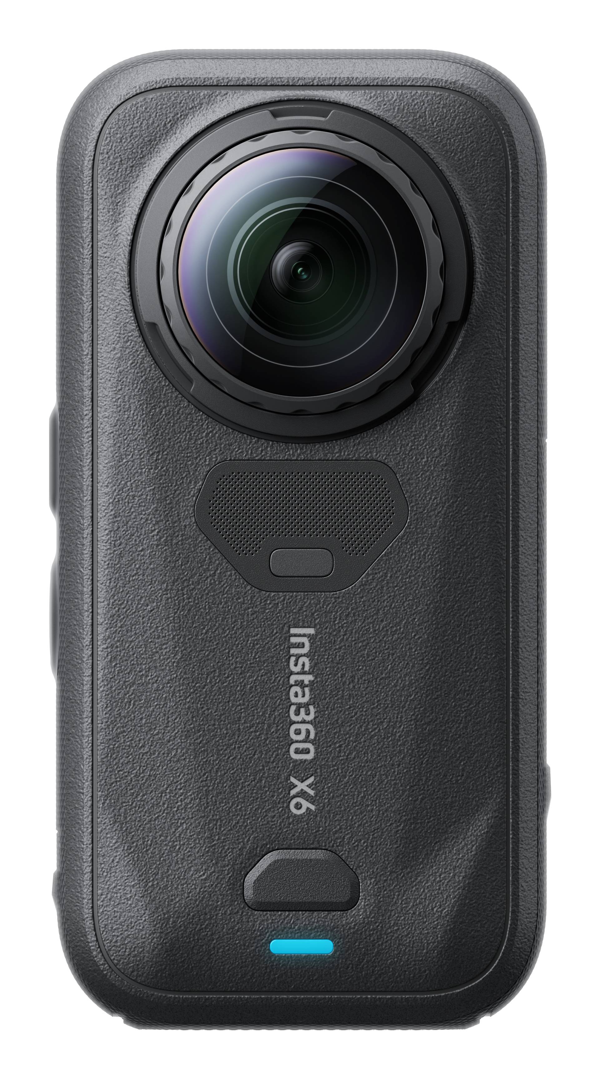 Vorderansicht einer schwarzen Insta360 X6 360-Grad-Actionkamera mit großem zentralem Objektiv und kleiner blauer Statusleuchte.