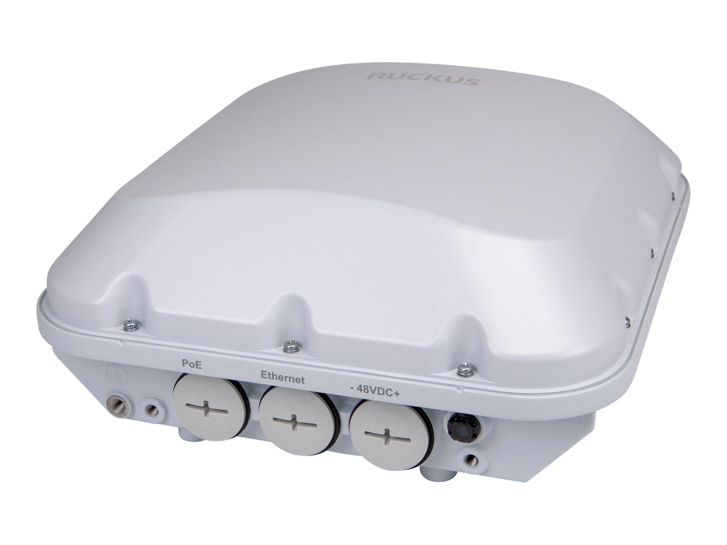 Weißer Ruckus Outdoor-WLAN-Zugangspunkt mit gekennzeichneten PoE-, Ethernet- und 48VDC+-Anschlüssen an der Vorderkante.