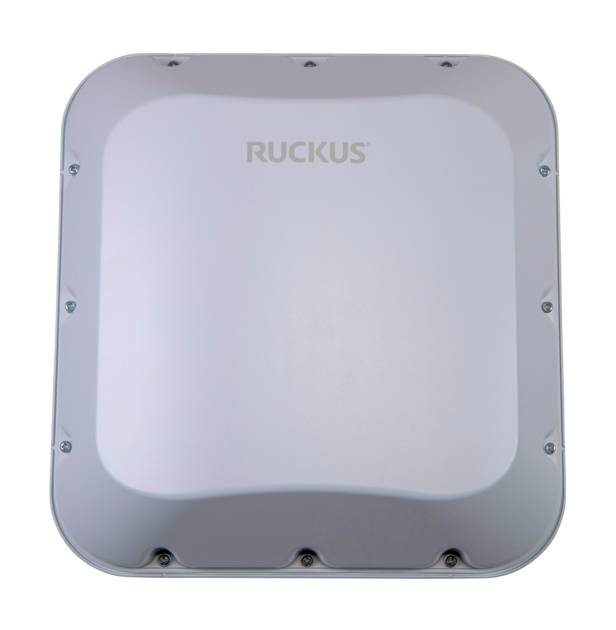 Vorderansicht eines RUCKUS Wireless Access Points mit einem quadratischen grauen Gehäuse auf weißem Hintergrund.