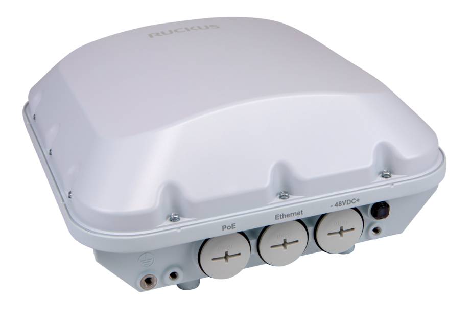 Weißes Outdoor-Wireless-Netzwerkgerät mit drei vorderen Anschlüssen mit den Bezeichnungen PoE, Ethernet und 48VDC.