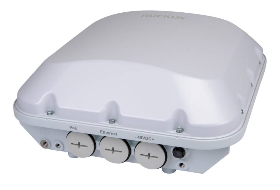 Weißer Ruijie Outdoor-WLAN-Zugangspunkt mit sichtbaren PoE-, Ethernet- und -48VDC+-Kabelanschlüssen auf der Unterseite.