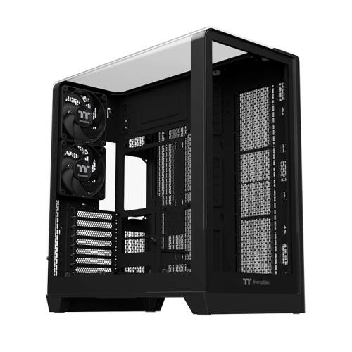 Schwarzes Thermaltake-Computergehäuse-Tower, leer dargestellt, mit zwei vorne montierten Lüftern und Maschenenseiten-Panels auf weißem Hintergrund.