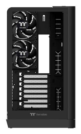Schwarzes PC-Gehäuse-Frontblech mit zwei Thermaltake RGB-Lüftern, vertikalem Fensterausschnitt und mehreren Erweiterungssteckplatz-Abdeckungen