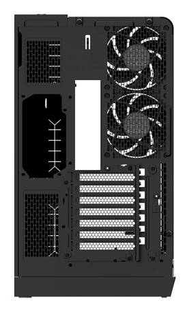 Rückansicht eines schwarzen PC-Gehäuses, das zeigt: Mainboard-I/O-Ausschnitt, PCIe-Steckplatz-Öffnungen, Belüftungsgitter und zwei oben montierte Kühlventilatoren.