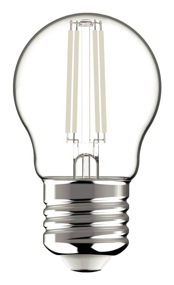 Eine klare LED-Glühbirne im Stil einer klassischen Glühlampe mit sichtbaren internen Glühfadenstreifen und einem metallischen Schraubengewinde auf weißem Hintergrund.