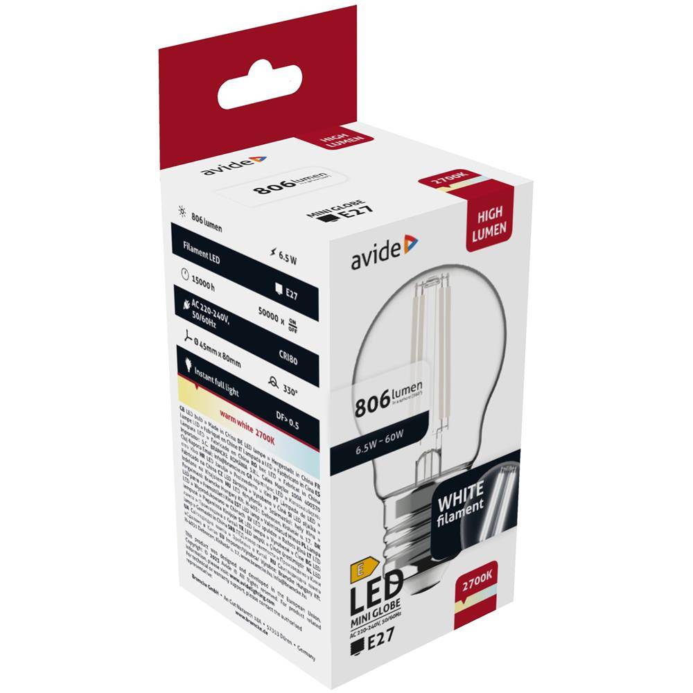 Verpackung für eine Avide LED-Miniglobe-Glühbirne mit Angaben von „806 Lumen", „6,5W = 60W"", „weißes Filament"" und „2700K"" warmweiß.