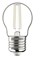 Klare Glühbirne mit LED-Filament und Metallschraubgewinde auf weißem Hintergrund