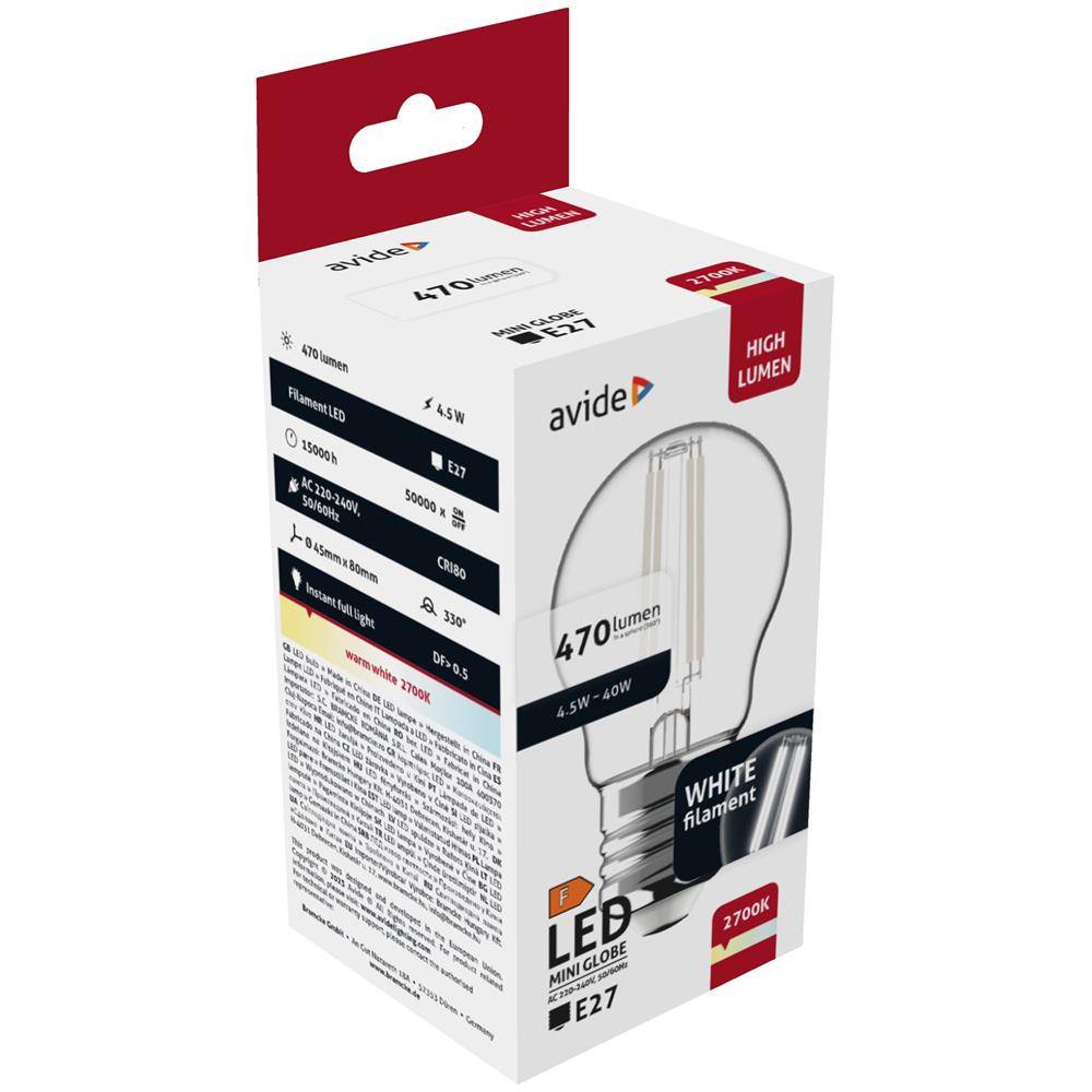 Verpackung für eine Avide LED-Miniglobe-Glühbirne, 4,5W, 470 Lumen, E27-Fassung, weißer Glühfaden, 2700K, hohe Helligkeit.