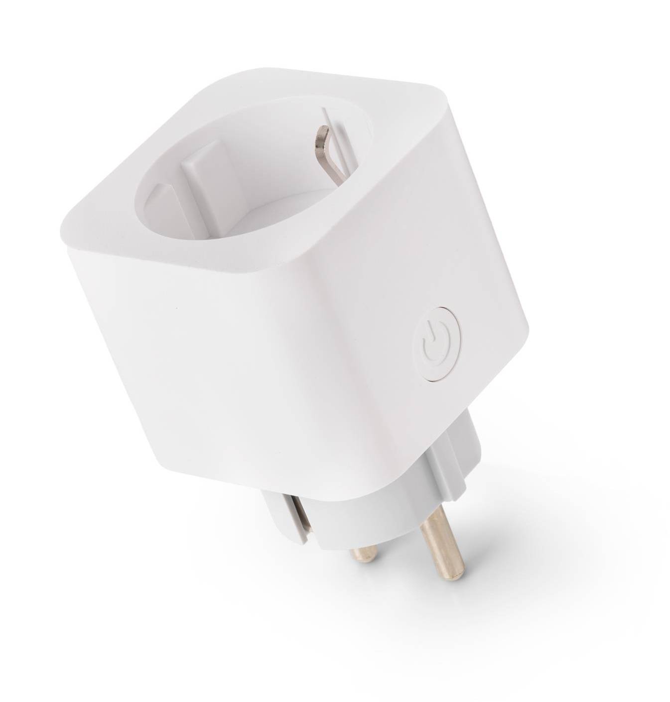 Weißer Stecker-Smart-Stromadapter mit zwei runden Stiften und einem Stromschalter-Symbol auf der Seite