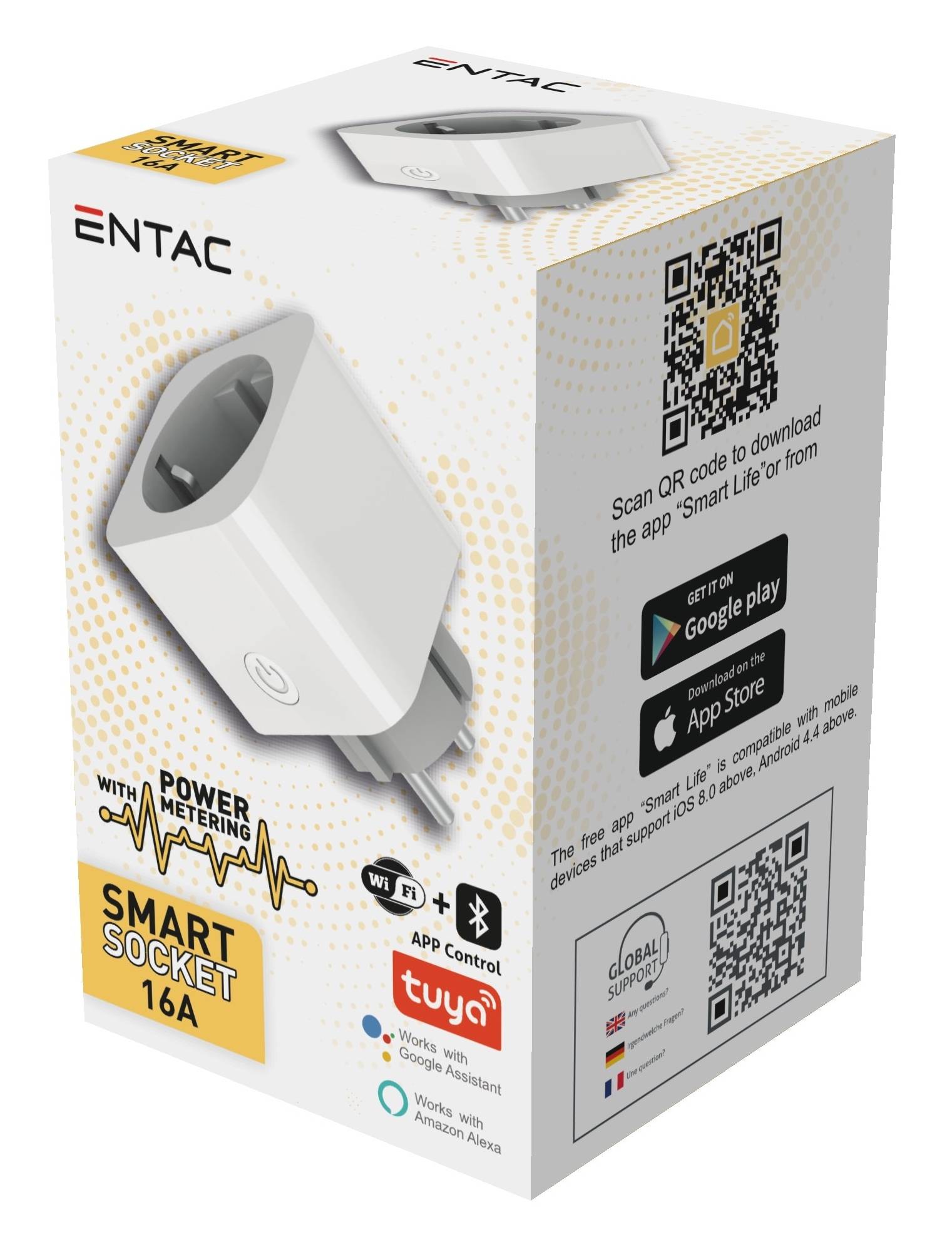 Retail-Box für eine ENTEC Smart Socket 16A mit Leistungsmessung, Wi-Fi und Bluetooth App-Steuerung, sowie QR-Codes und Download-Aufforderungen für Google Play/App Store.