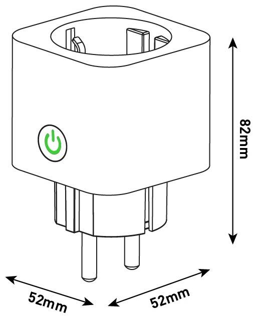 Weißer Steckdosen-Smartadapter zum Einstecken mit grünem Ein-/Ausschalter, dargestellt mit Abmessungen von 82 mm Höhe und 52 mm Breite/Tiefe.