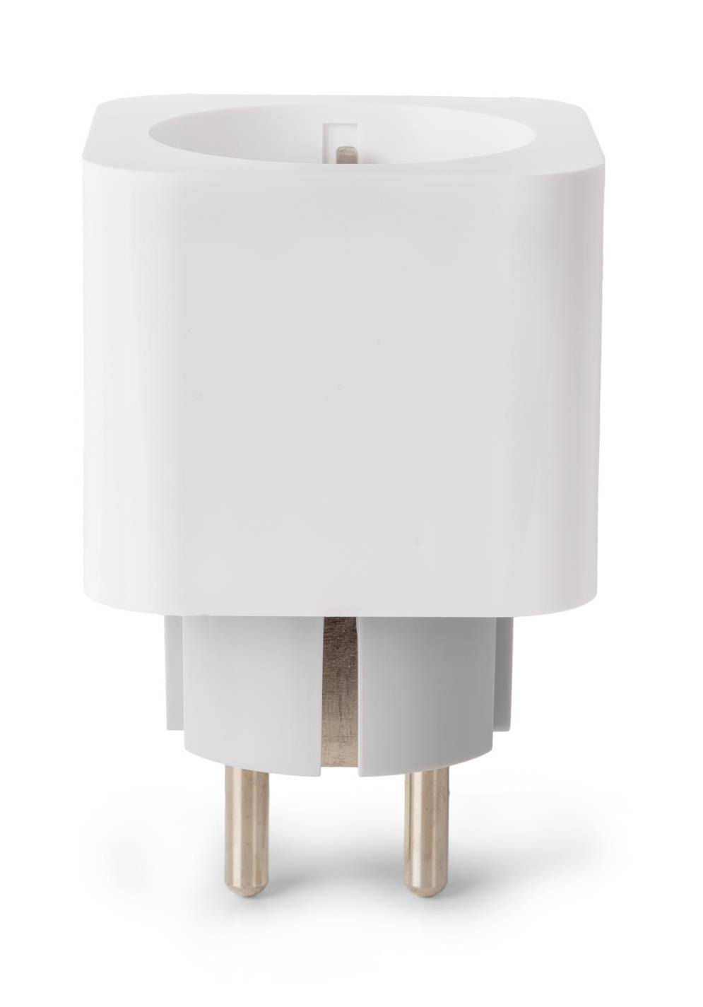 Weiße zylindrische Glühbirnensockeladapter mit zwei Metallstiften, gezeigt auf einem einfachen Hintergrund.