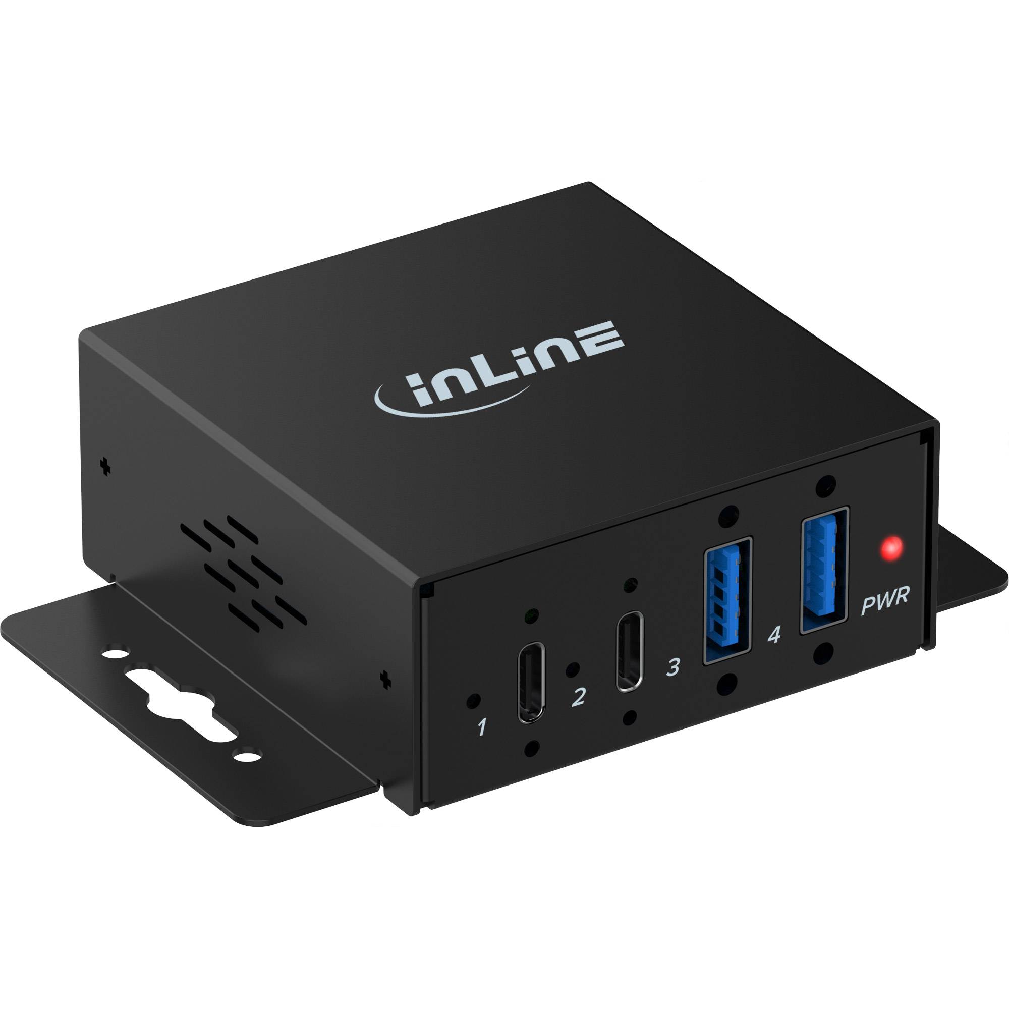 Schwarzer InLine elektronischer Hub oder Schalter mit vier Frontanschlüssen, nummeriert 1-4, und einer roten PWR-Anzeigeleuchte auf einer Montageklammer.