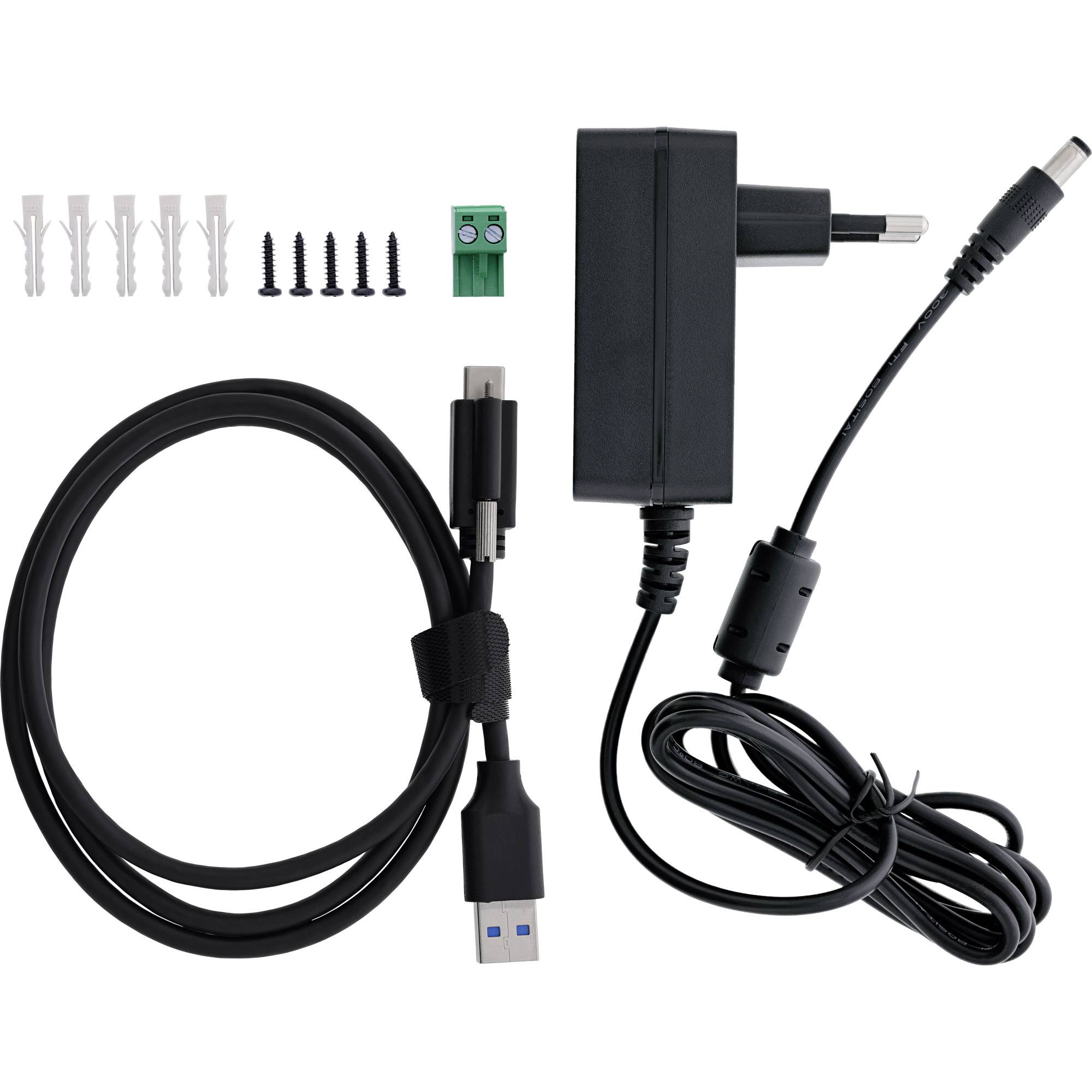 USB-C-Netzteil-Set mit Kabel, Stecker, Schrauben, Wanddübel und Klemmleiste zum Montieren und Verdrahten.