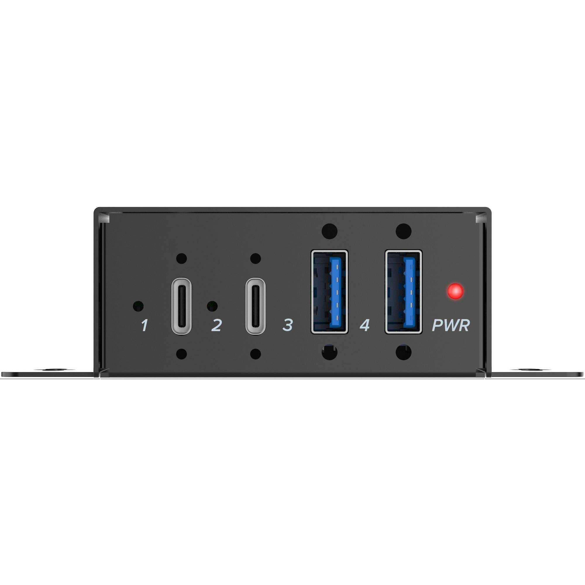 Frontplatte eines schwarzen Geräts mit beschrifteten Anschlüssen 1–4, zwei USB-C- und zwei USB-A-Anschlüsse sowie eine rote PWR-Anzeigelampe.
