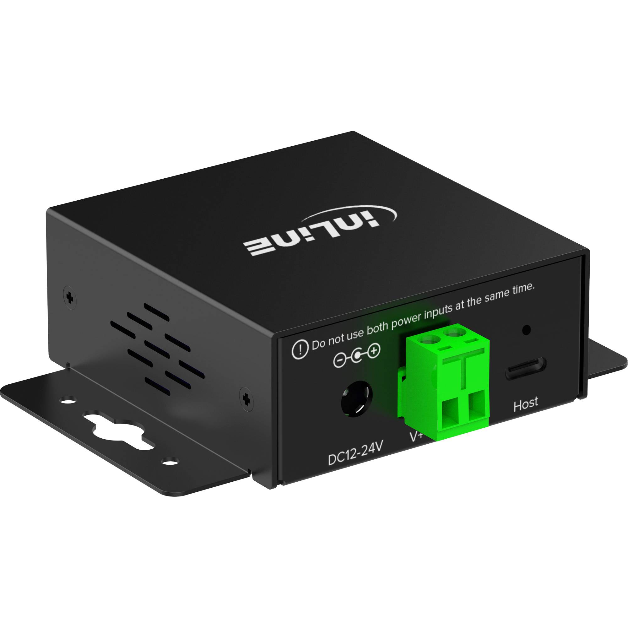 Schwarzes Industrie-Strommodul mit Befestigungswinkeln, gekennzeichnet mit DC12-24V und Host, zeigt einen grünen Anschluss und eine Warnung, nicht beide Stromeingang gleichzeitig zu verwenden.