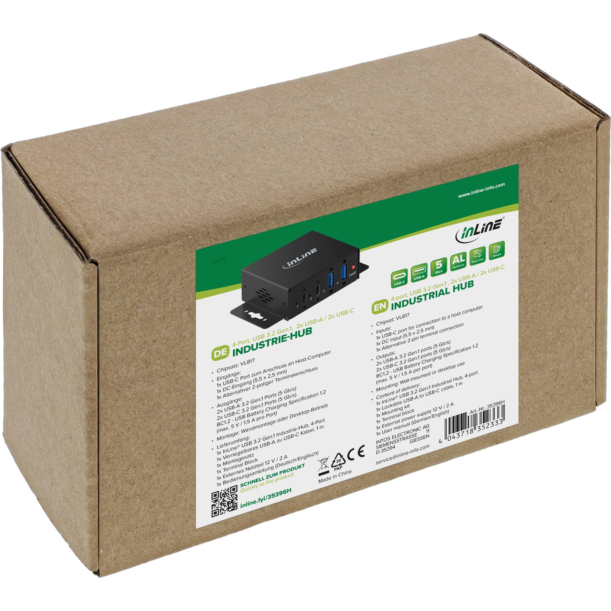 Braune Kartonverpackung zum Versand mit einem Produktetikett für einen InLine Industrie-Hub, das die Geräteabbildung, Funktionen und einen Barcode zeigt.