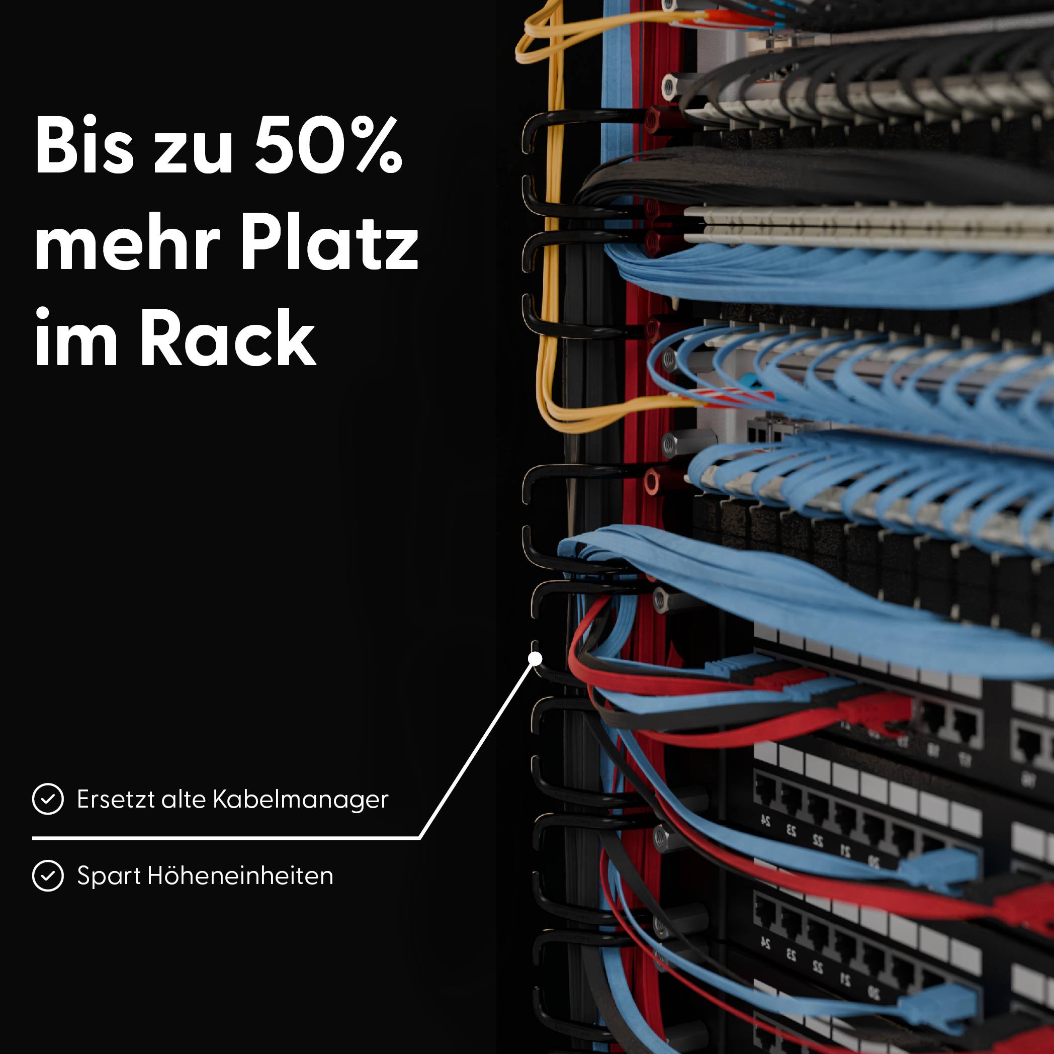 Deutsches Werbegrafik, das Netzwerkkabel in einem Serverrack zeigt; Der Text besagt „Bis zu 50% mehr Platz im Rack