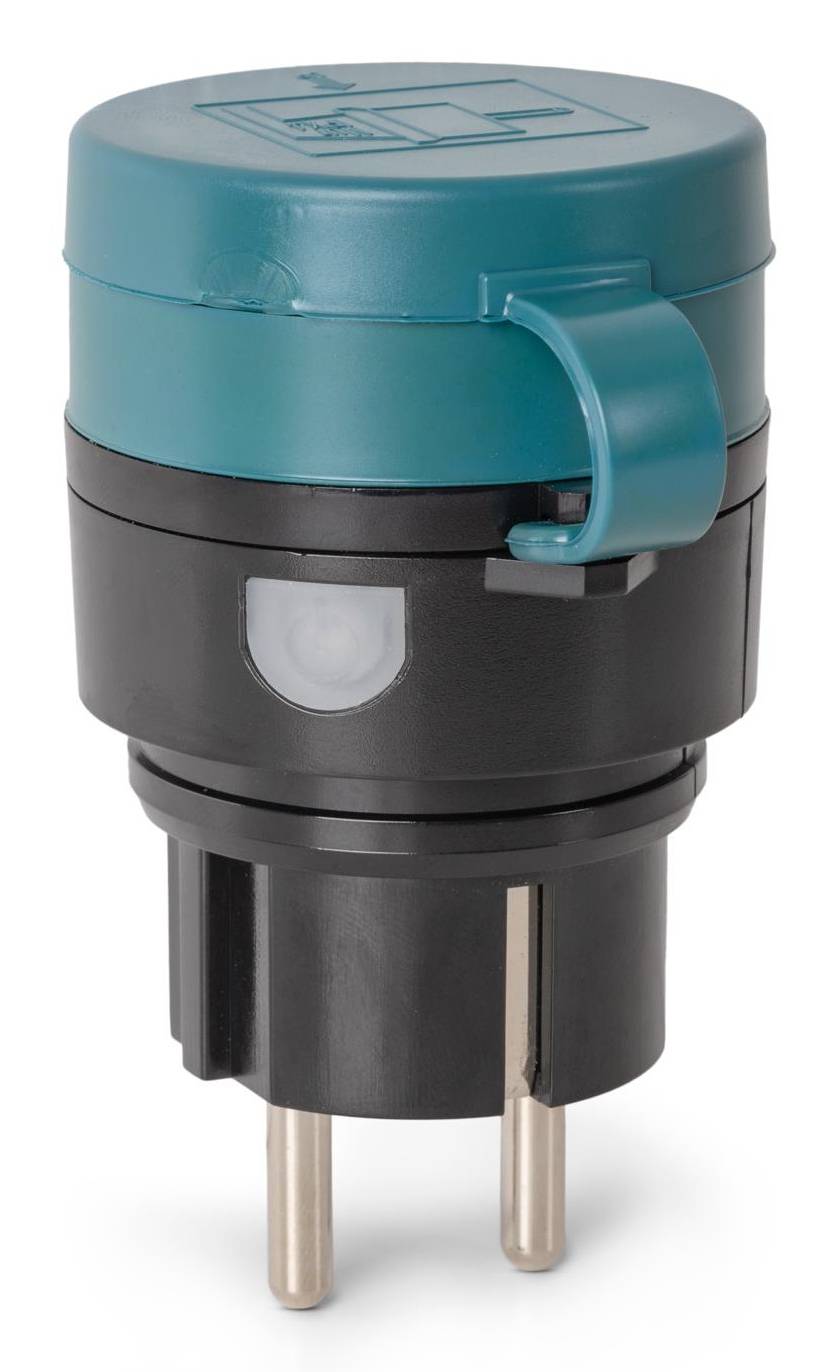 Ein blau-schwarzer Stromstecker-Adapter mit aufklappbarem Oberteil und zwei Metallstiften.
