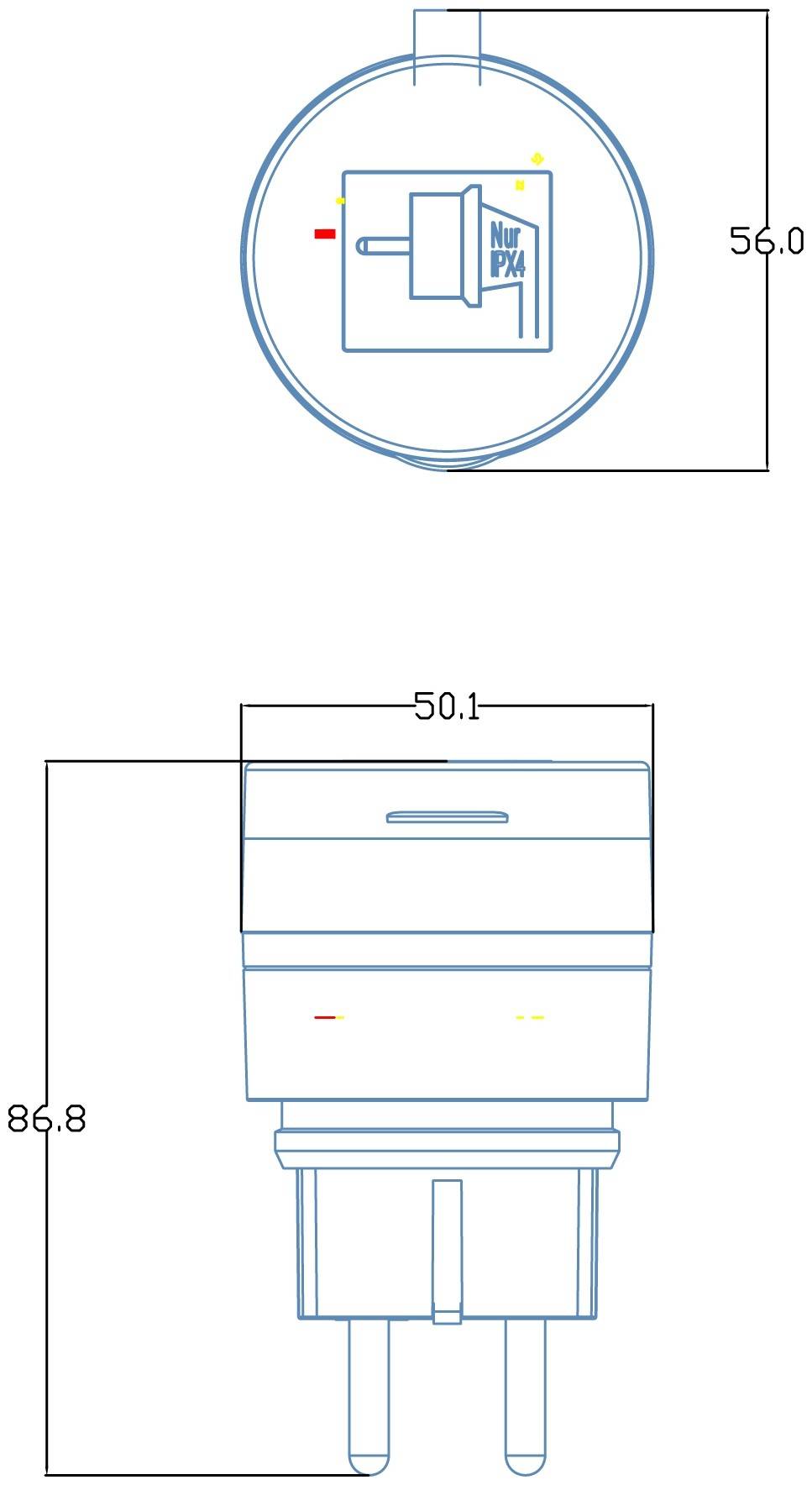 Technische Zeichnung eines runden Steckgeräts, dargestellt in Draufsicht und Vorderansicht mit den Abmessungen 56,0 x 86,8 und Breite 50,1.