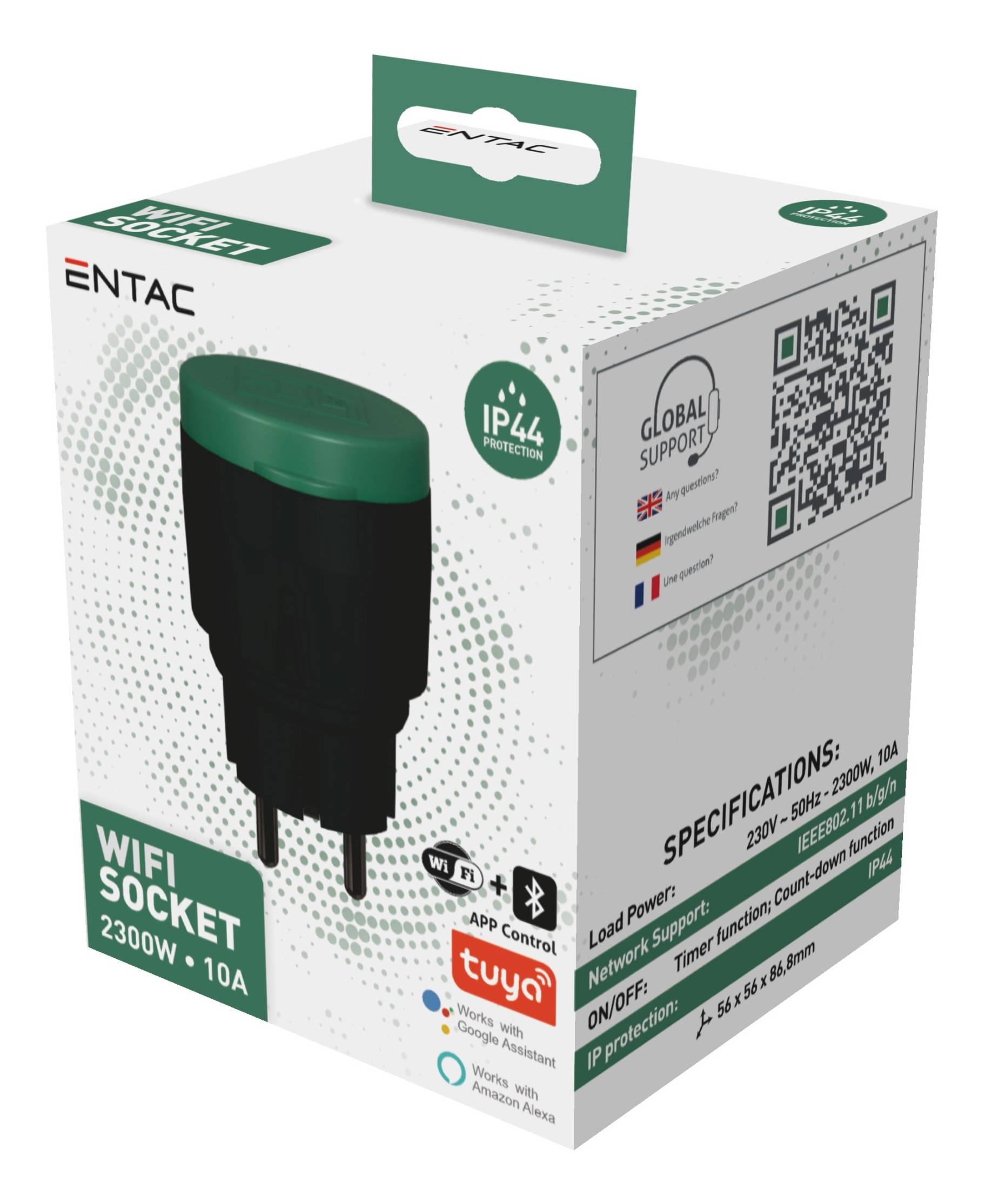 Produktbox für einen ENTAC WiFi Steckdosenstecker, der einen intelligenten Stecker, QR-Code, IP44-Schutz, 2300W/10A und Unterstützung der Tuya-App zeigt.