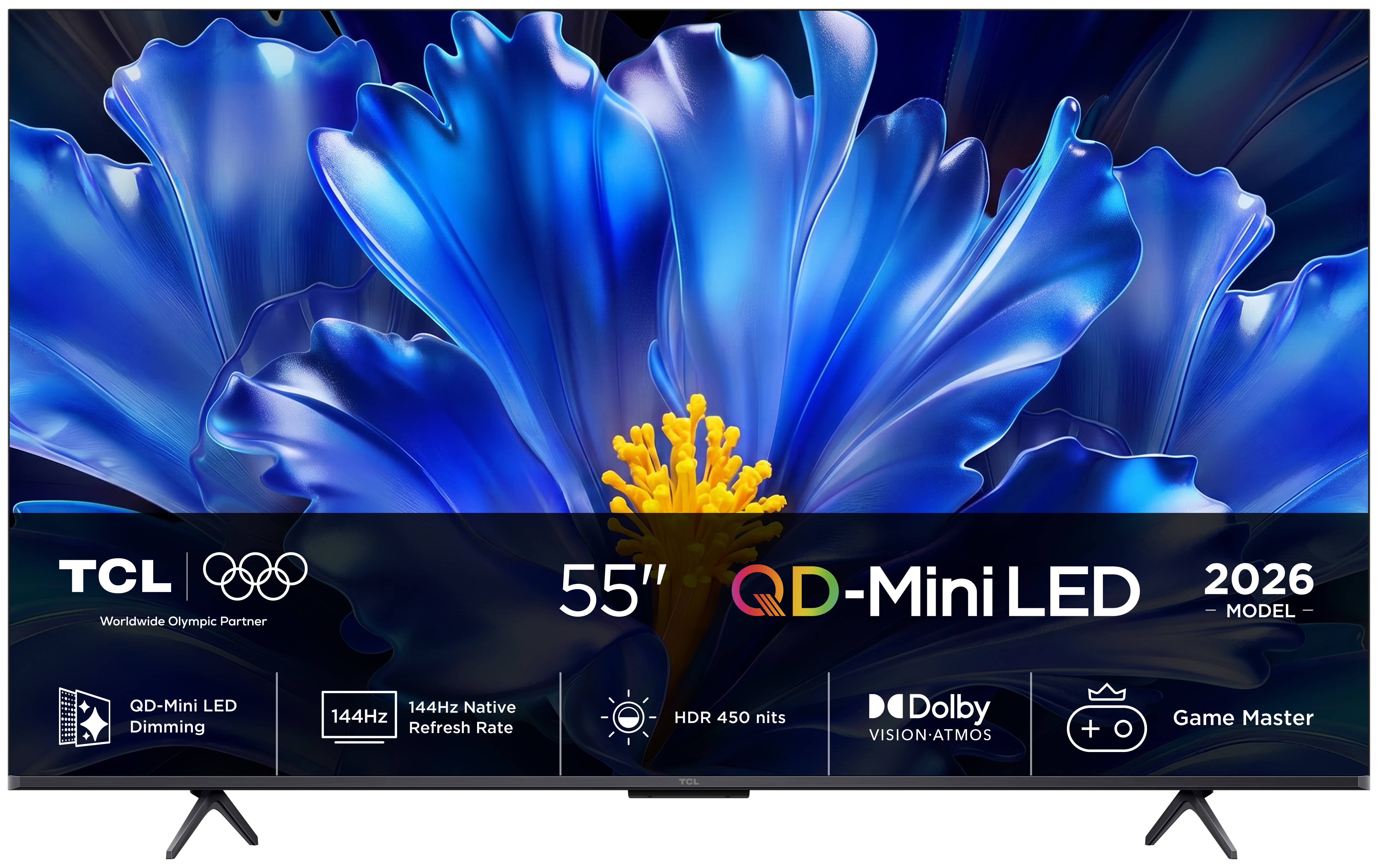 TCL 55-Zoll QD-Mini-LED-Fernseher mit blauer Blume auf dem Bildschirm, zeigt 144-Hz-Bildwiederholfrequenz, HDR 450 Nits, Dolby Vision Atmos, Game Master und 2026-Modell.