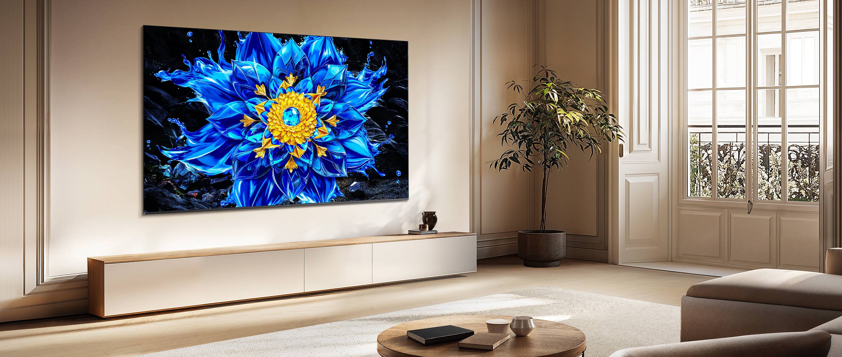 Ein modernes Wohnzimmer mit einem an der Wand montierten abstrakten blau-gelben Blumenbild über einem niedrigen Schrank, neben einer Pflanze und großen Fenstern.