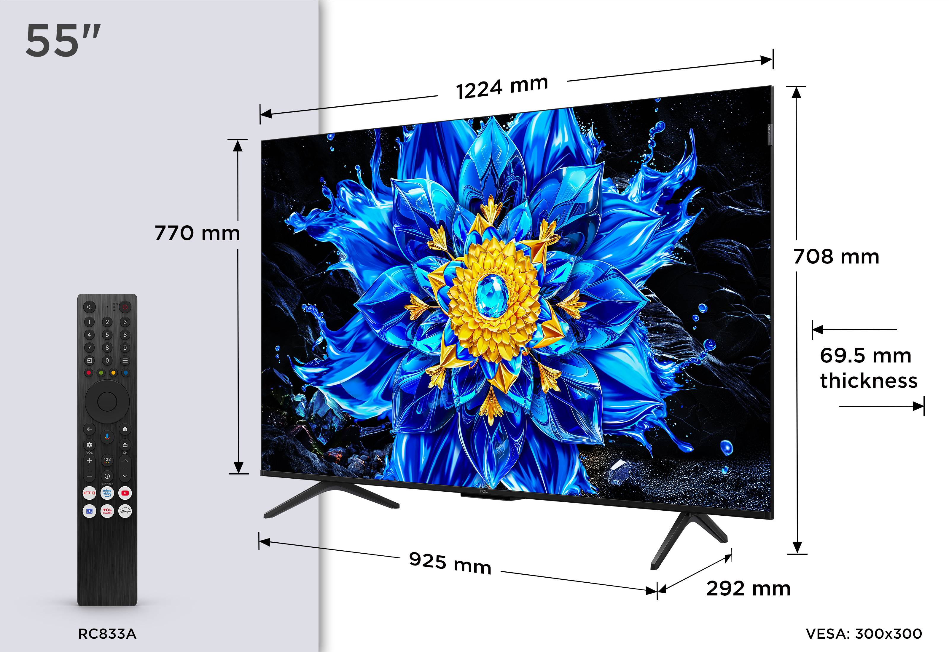 55-Zoll-Fernseher-Maßstabdiagramm mit einer Bildschirmbreite von 1224 mm, Höhe von 708 mm, Dicke von 69,5 mm, Standfußbreite von 925 mm und mitgelieferter Fernbedienung.