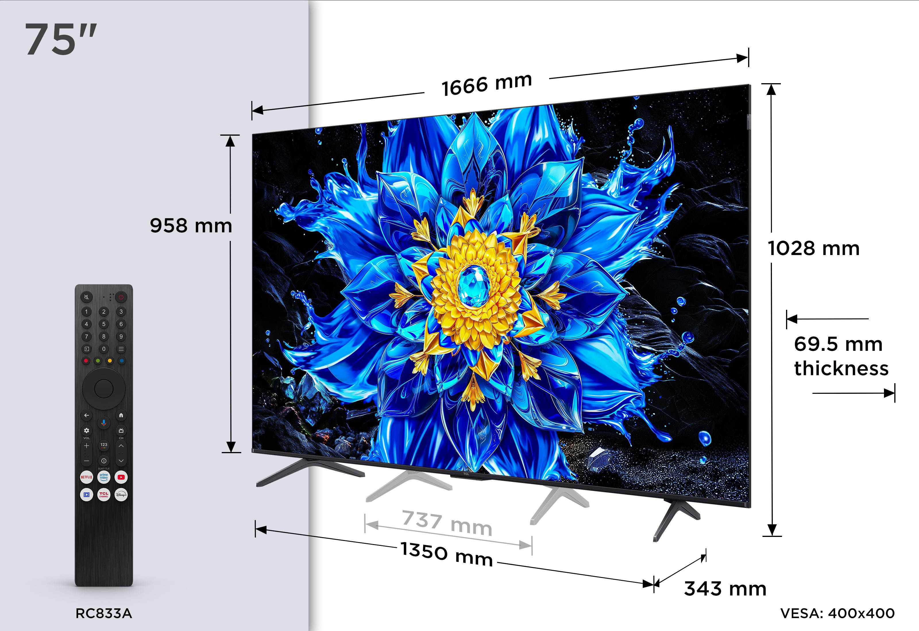 75-Zoll-Flachbildfernseher mit Fernbedienung, gezeigt in Schrägansicht mit beschrifteten Abmessungen: 1666 mm breit, 1028 mm hoch, 69,5 mm dick, 400x400 VESA-Halterung.