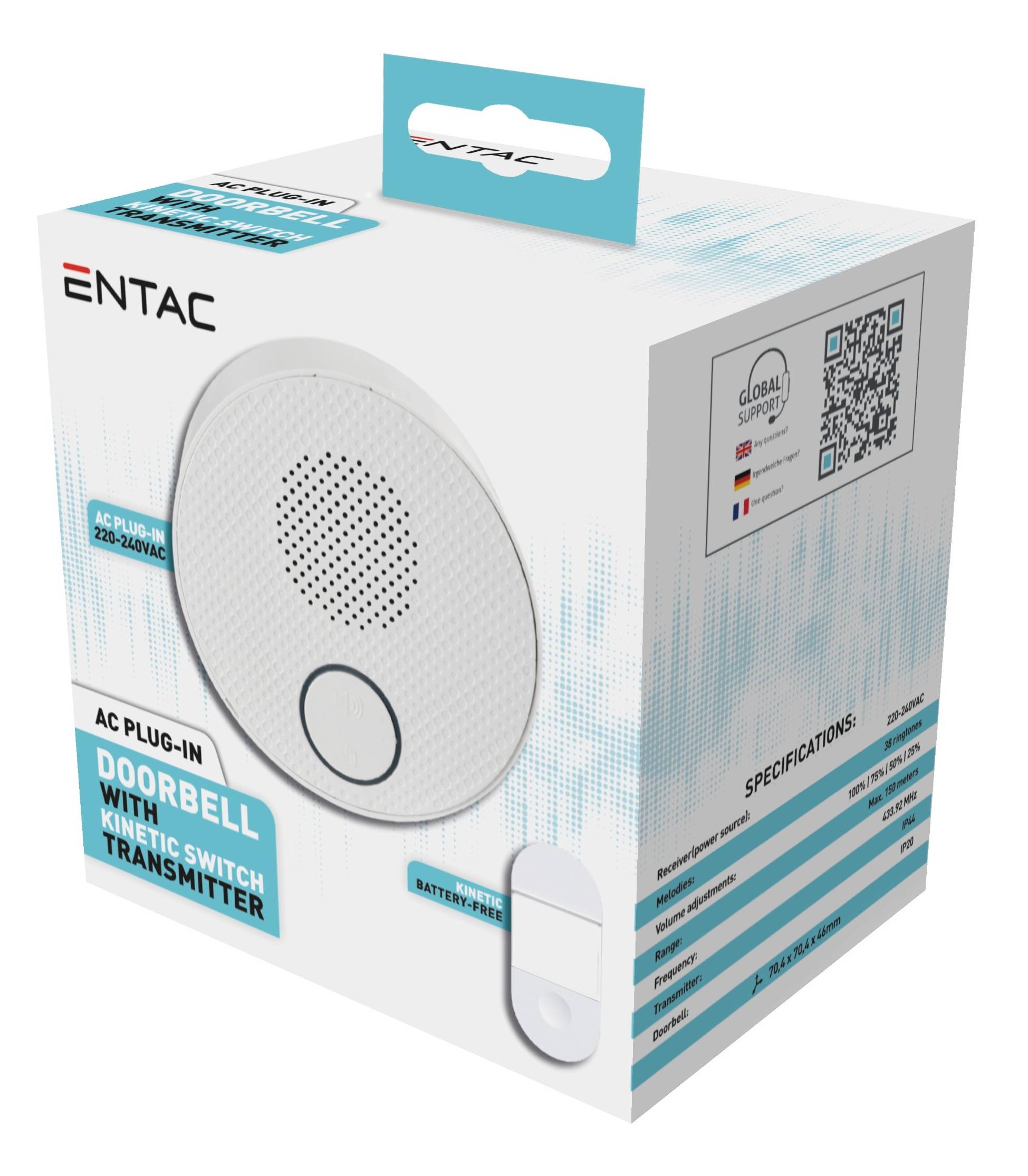 Produktbox für einen ENTAC AC Stecker-Türklingel Piezo-Schalter Sender, gezeigt mit der weißen Tasteneinheit und Spezifikationen auf der Verpackung.