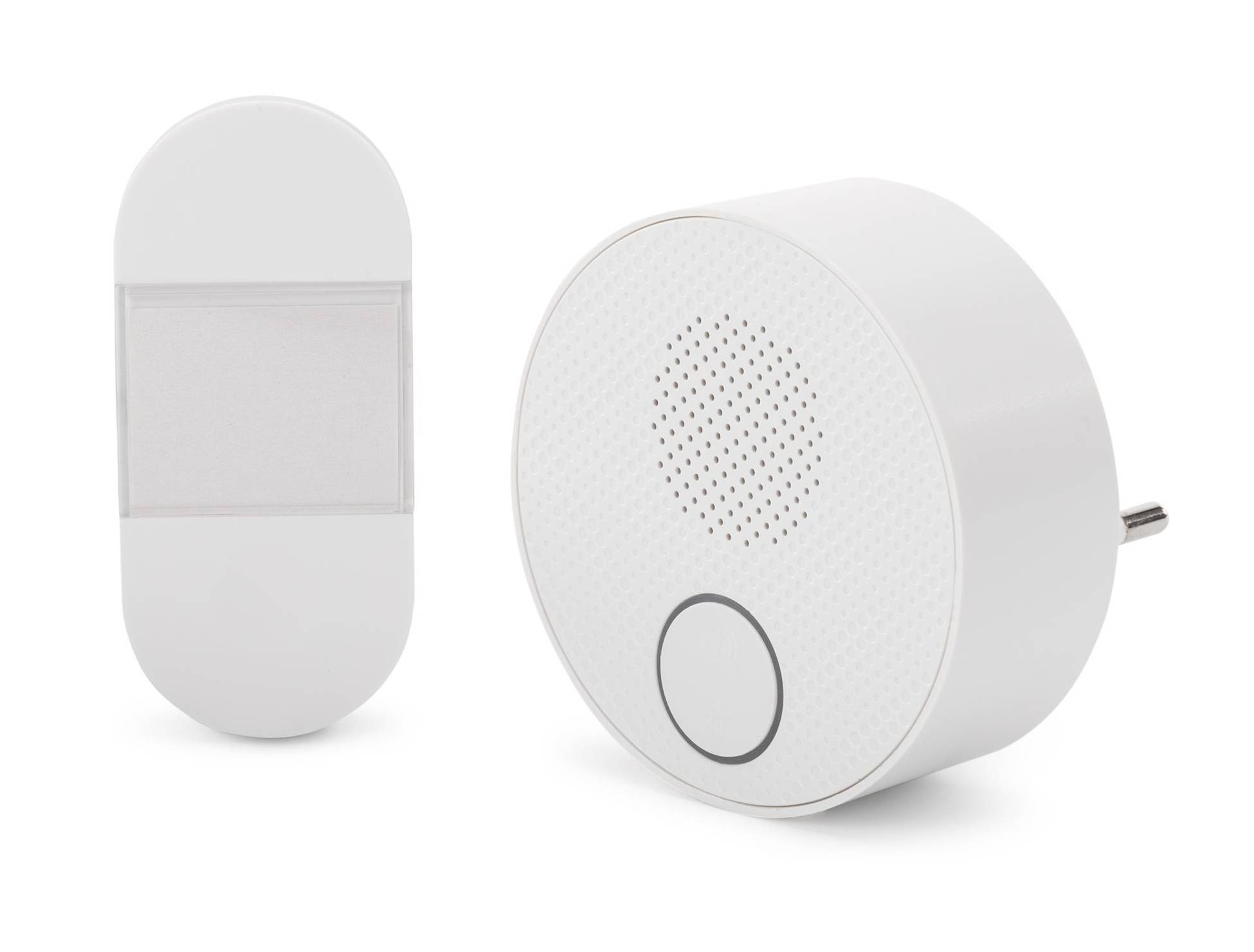 Weißer Bewegungsmelder und rundes Smart-Doorbell-/Chime-Gerät auf einfachem Hintergrund dargestellt.