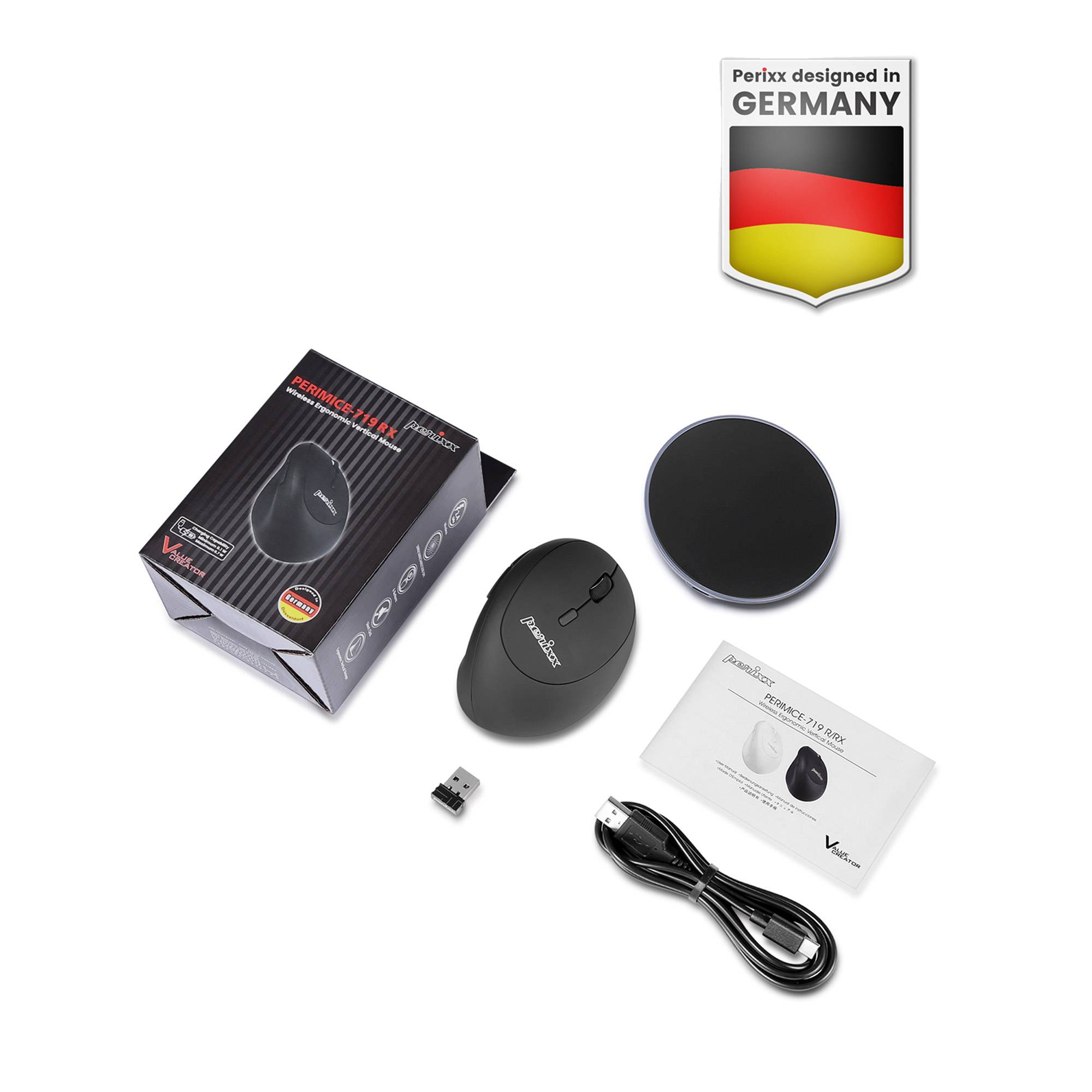 Produktverpackung für eine Perixx-Wireless-Maus, gezeigt mit der Maus, USB-Empfänger, Ladekabel, Bedienungsanleitung und Badge "Designed in Germany"".