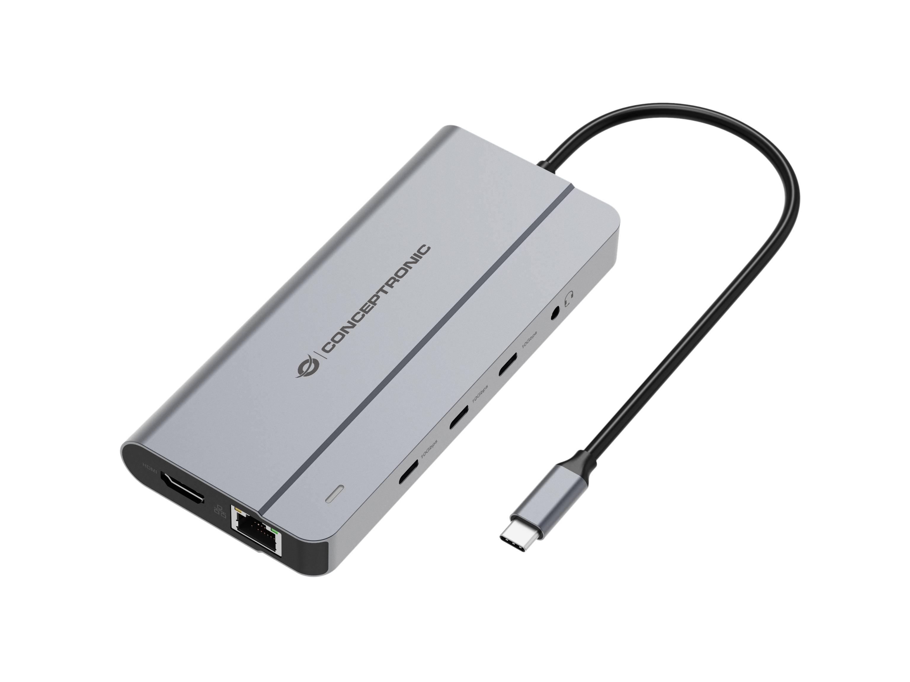 Silberner Conceptonic USB-C-Hub mit angeschlossenem Kabel, zeigt mehrere Anschlüsse einschließlich USB-C, USB-A und Ethernet auf einem kompakten Adapter.