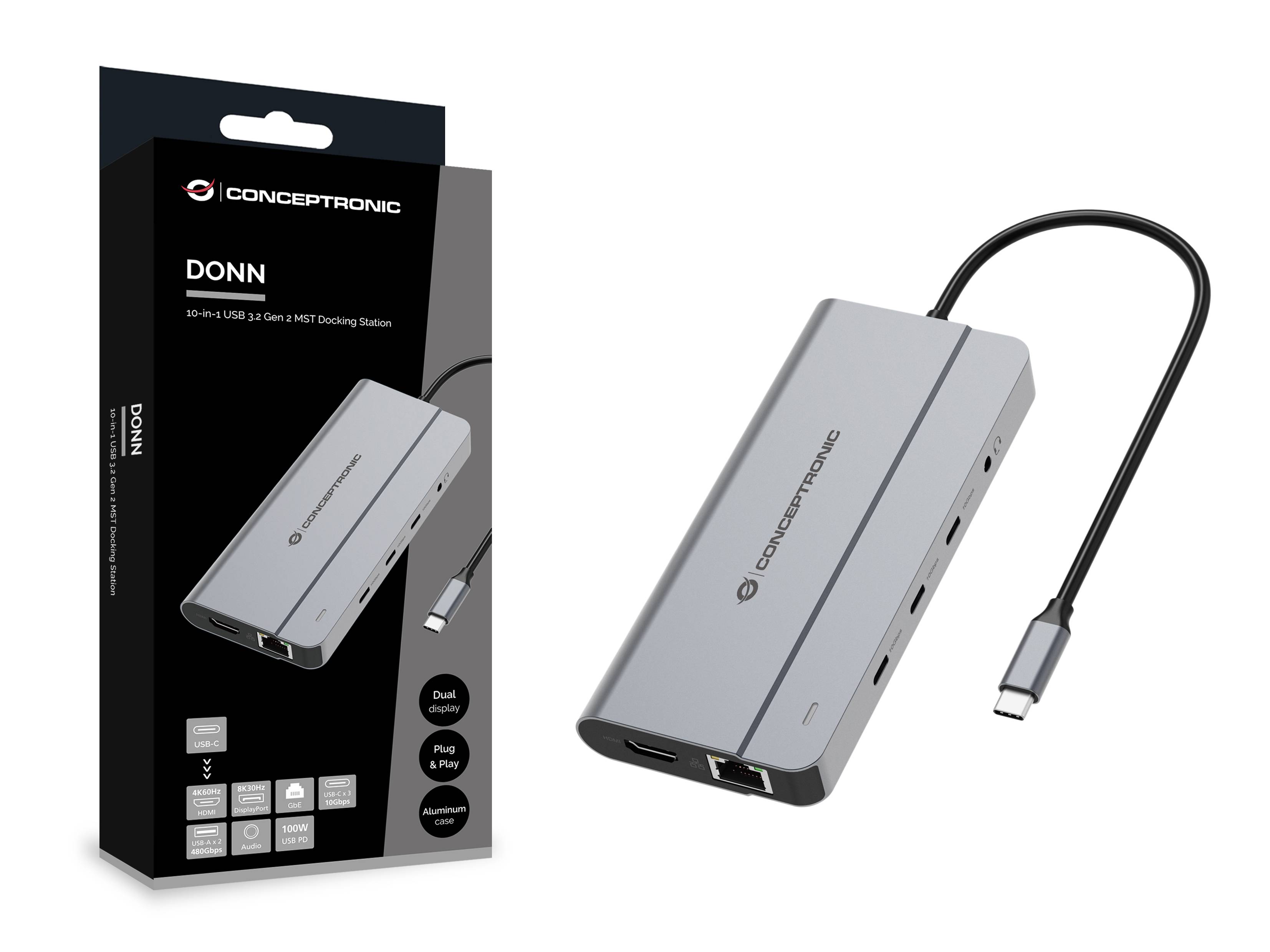 Conceptronic DONN USB-C Multiport-Dockingstation mit Einzelhandelsverpackung, mit Ethernet-Anschluss, USB-Anschlüssen, HDMI und angeschlossenem USB-C-Kabel.