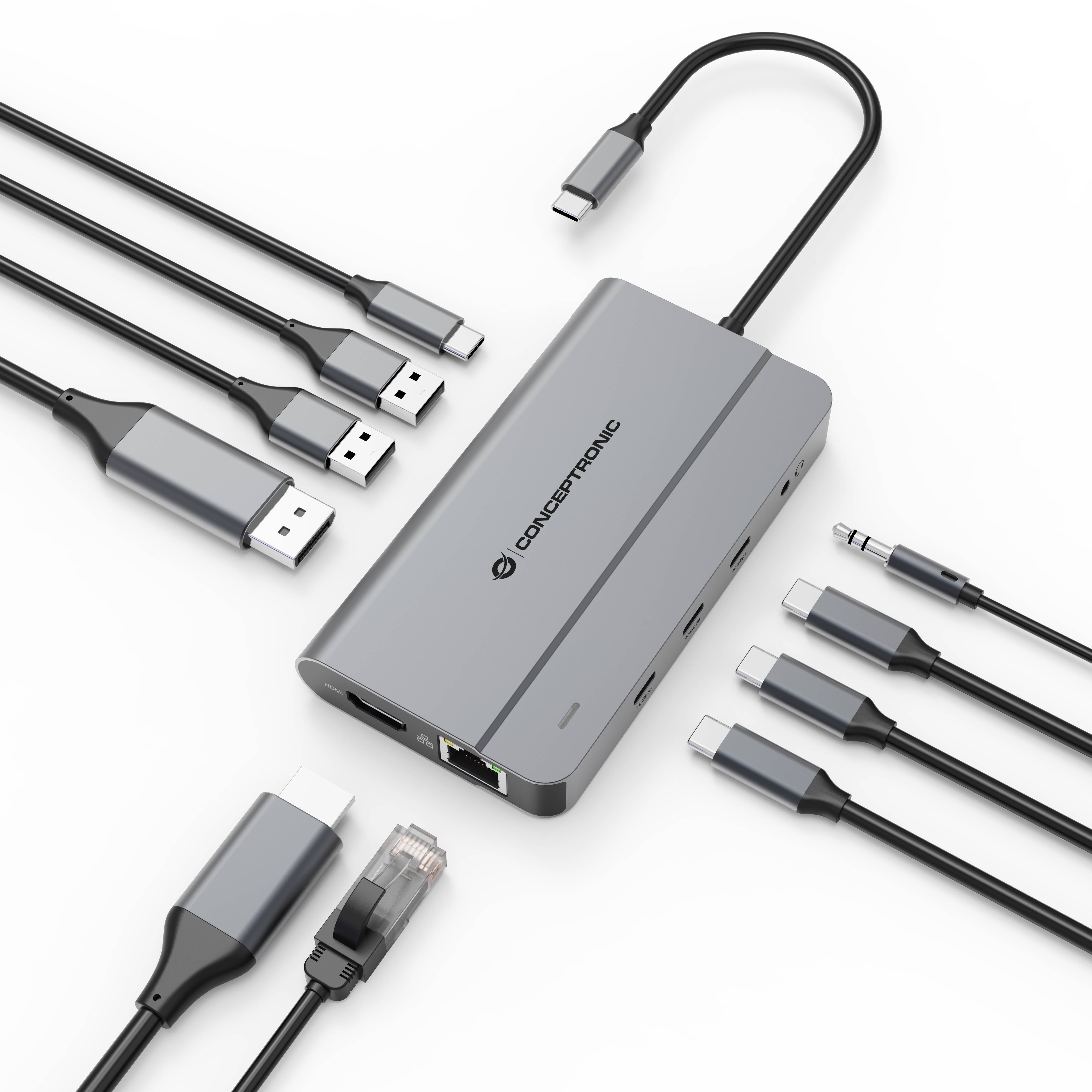 USB-C-Hub mit mehreren Anschlüssen und mehreren angeschlossenen Kabeln, zeigt einen Conceptonic-Adapter zum Laden, für Daten- und Audioverbindungen.