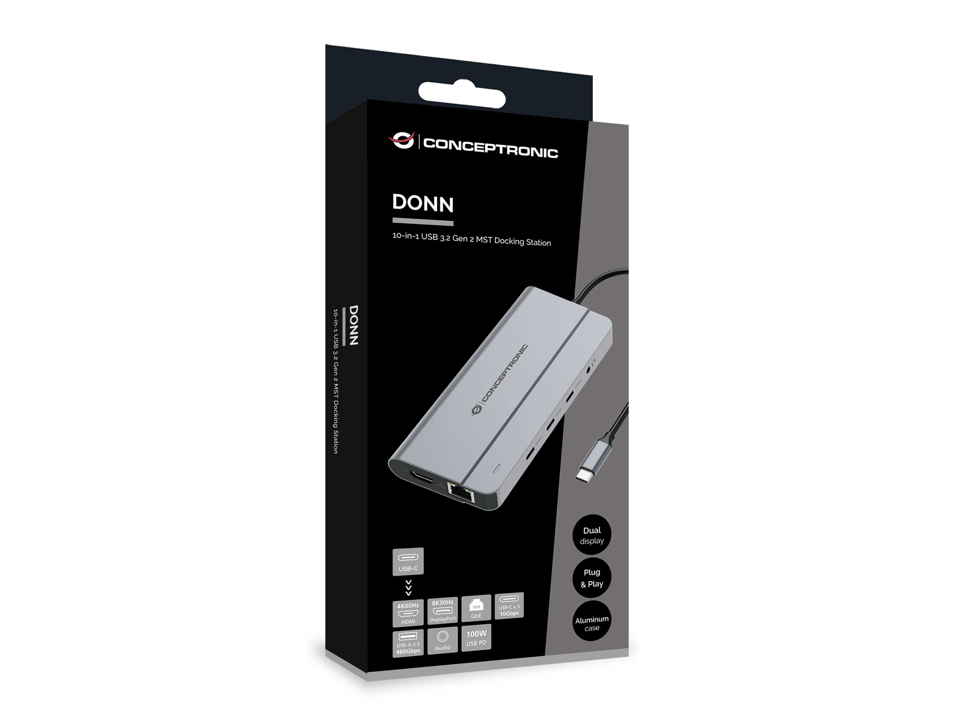 Produktbox für ConcepTronic DONN 10-in-1 USB-C Gen 2 MST Docking-Station, zeigt die silberne Dockingstation und Hauptfunktionen wie Dual-Display und Plug-and-Play.