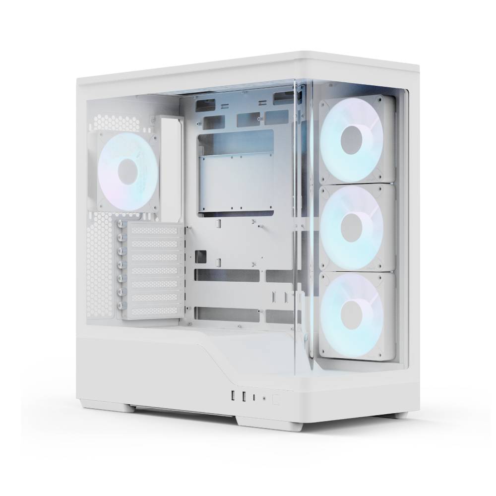 Weißes Desktop-Computergehäuse mit transparentem Seitenpanel, das drei RGB-Frontlüfter und einen hinteren Lüfter in einem leeren Gehäuse zeigt.